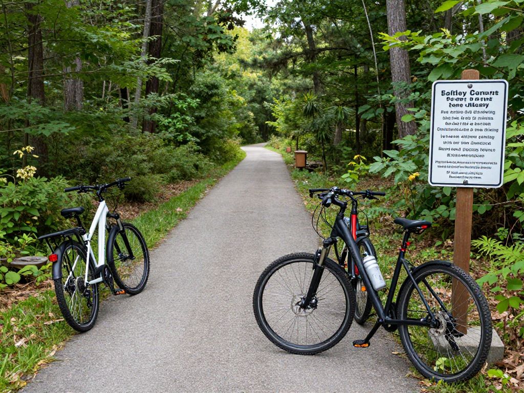 E-bikes parked along a beautiful trail in Massachusetts with safety signs.