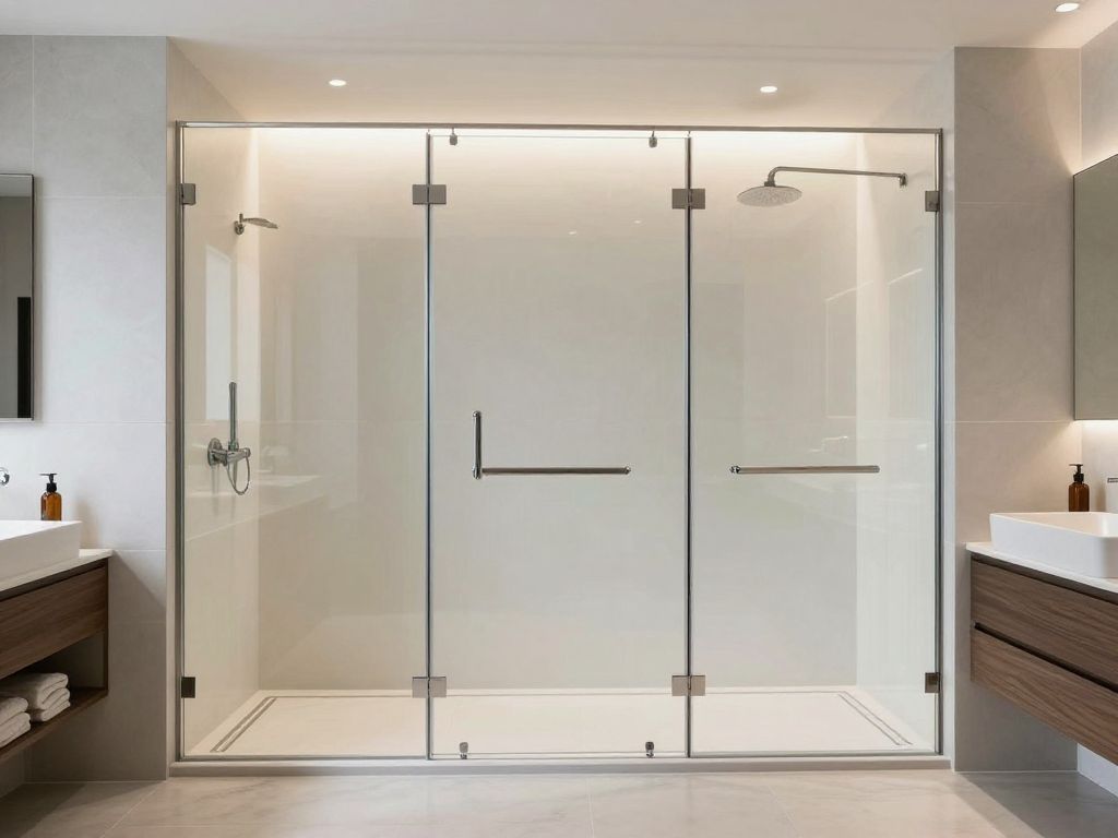A stylish modern bathroom with frameless shower doors highlighting open design.