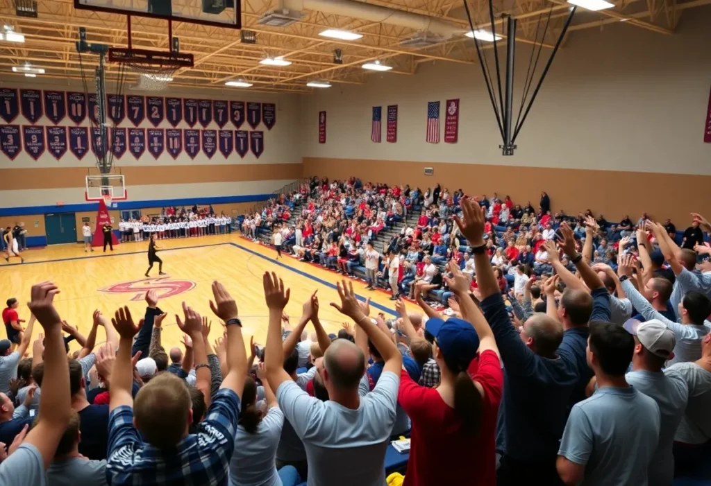 Georgetown Royals players celebrating victory in a high school basketball game