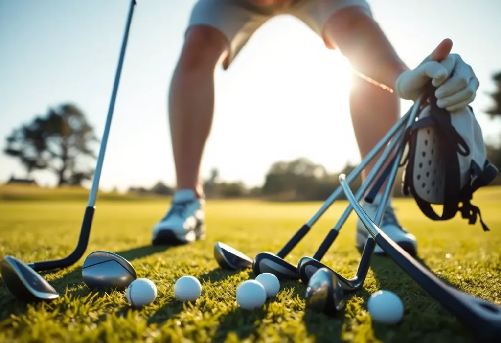 Various types of golf clubs and balls on the green