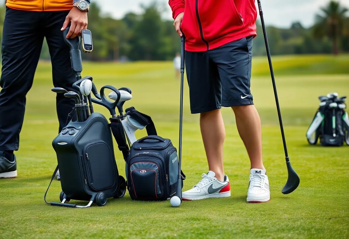 A vibrant array of golf gear including shoes, apparel, and equipment.