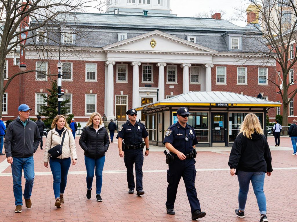 Harvard Square pedestrians with police presence