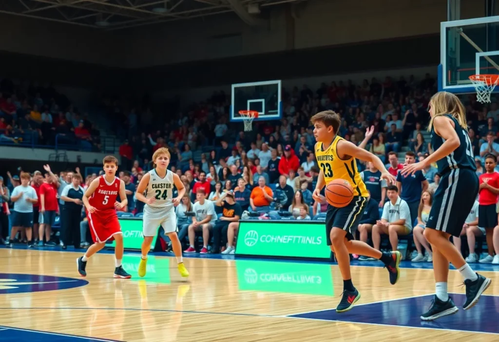 Players in a high school basketball game with fans in the background