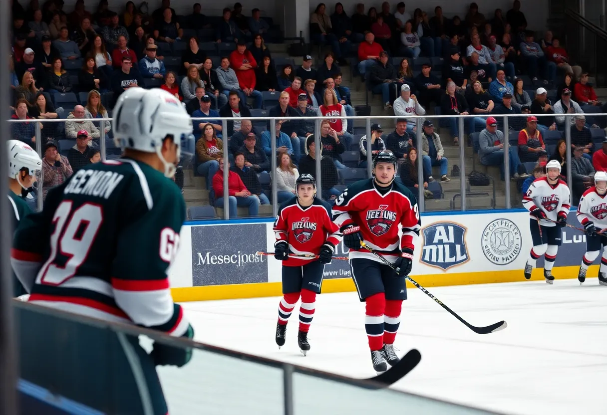 Massachusetts high school hockey game in action with players on the ice