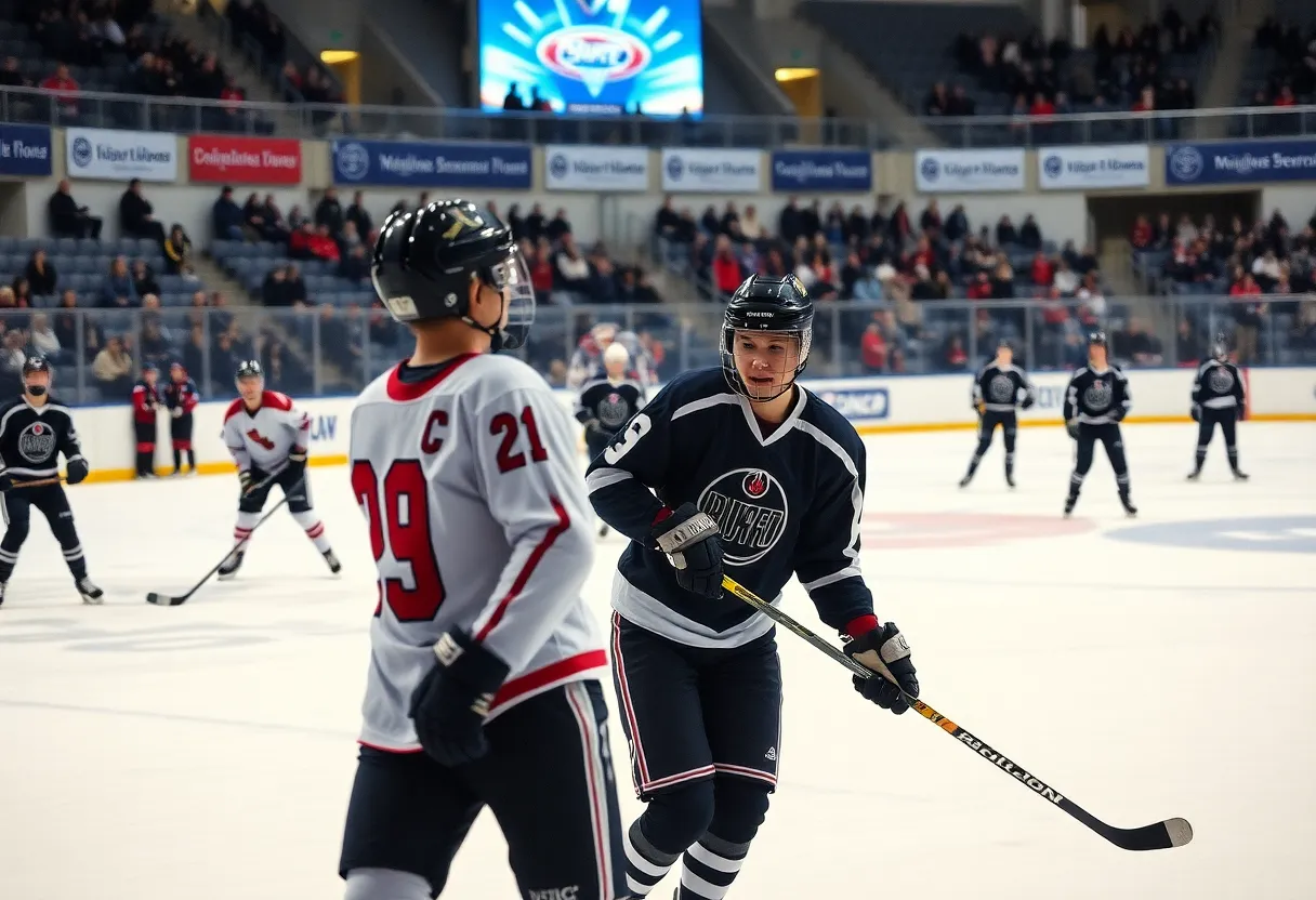 Students competing in a high school hockey match showing teamwork