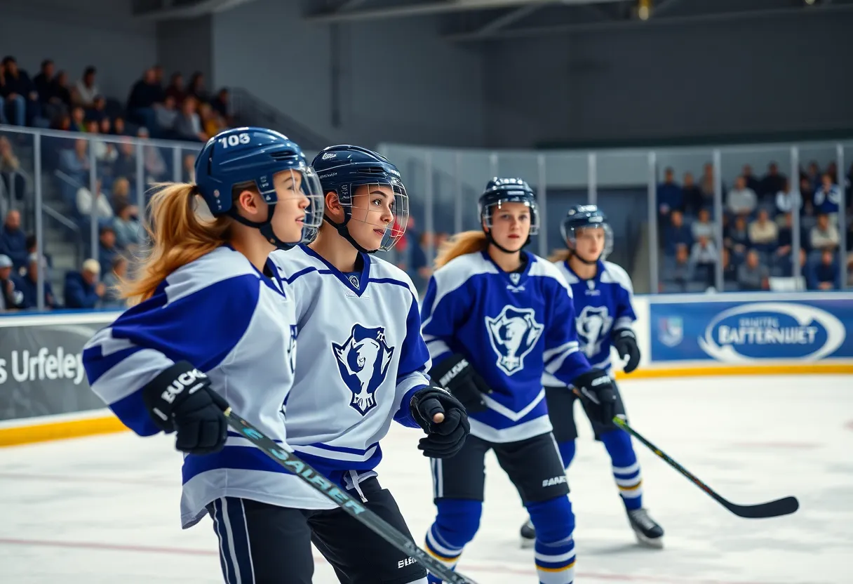Hingham Girls Hockey players competing in a high school hockey game