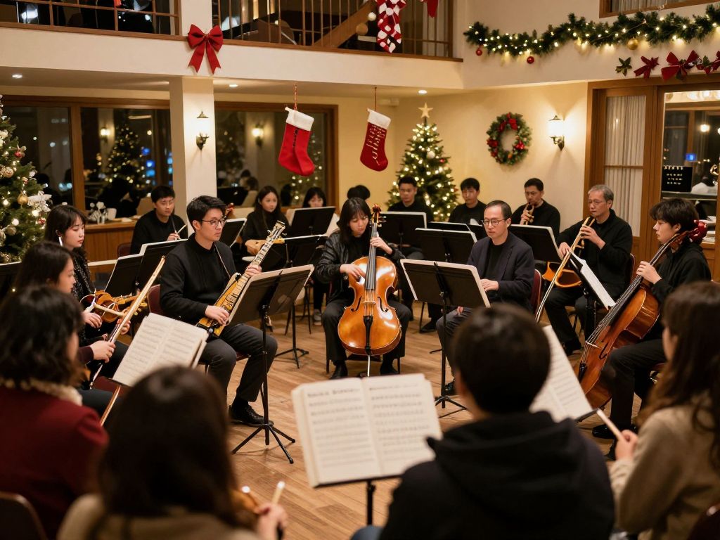 Festive atmosphere at a holiday concert with musical decorations