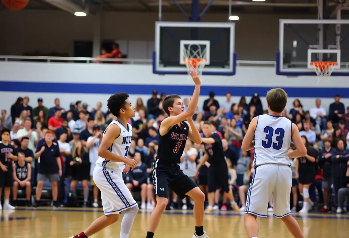 High school basketball game with players competing on the court.