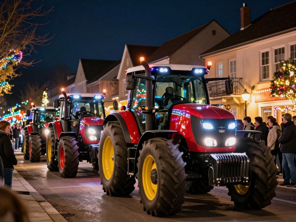 A convoy of illuminated tractors decorated with vibrant lights.