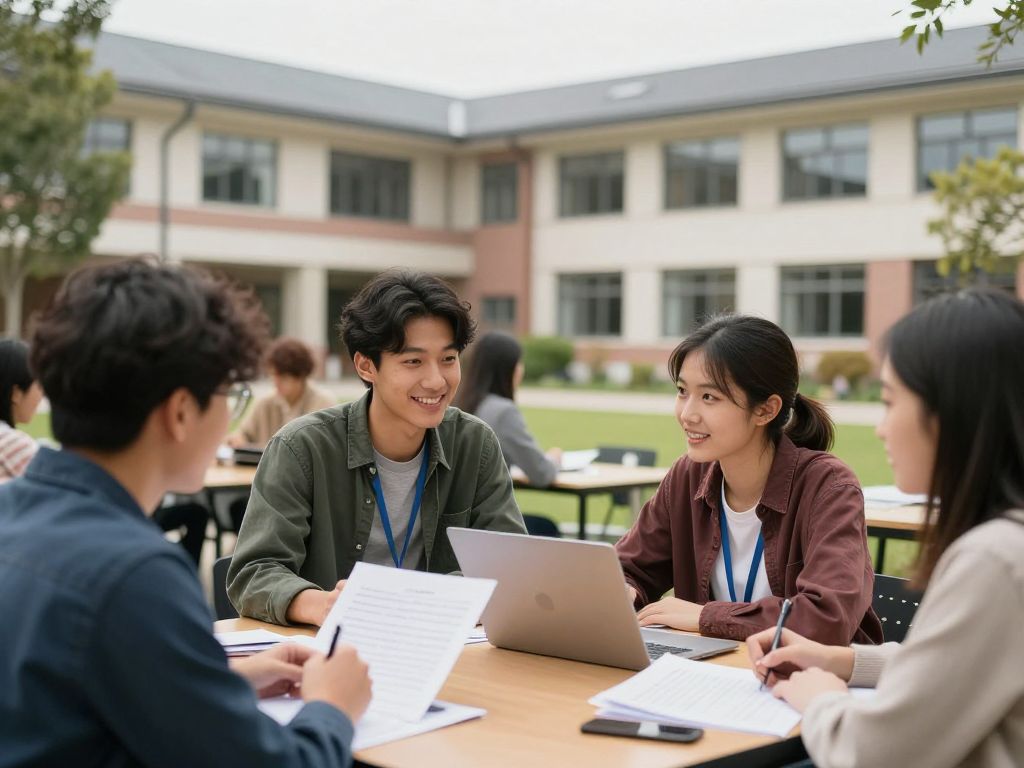 Diverse group of international students collaborating on a project at a Massachusetts university campus.