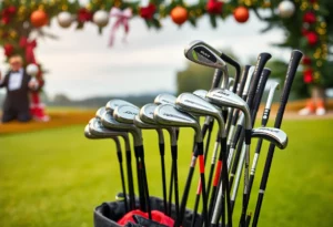 A variety of left-handed golf clubs on display for holiday sales.