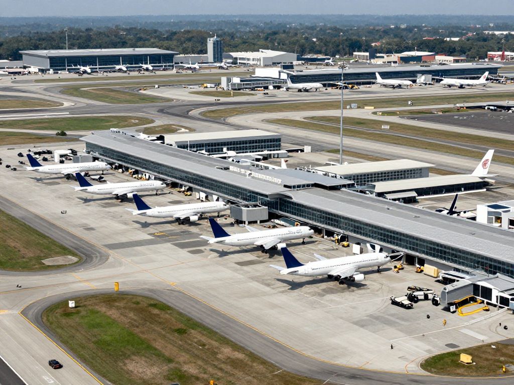 Aerial view of Logan International Airport showing new flight routes.