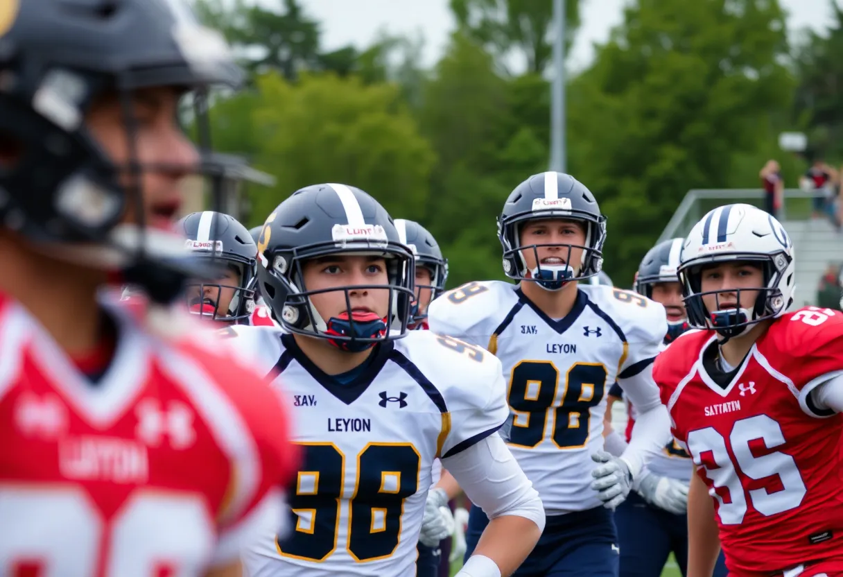 Players in action during a Massachusetts high school football game