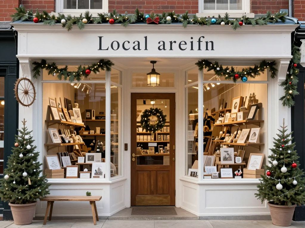The inviting storefront of Mass Bay Trading Company decorated for the holiday season.