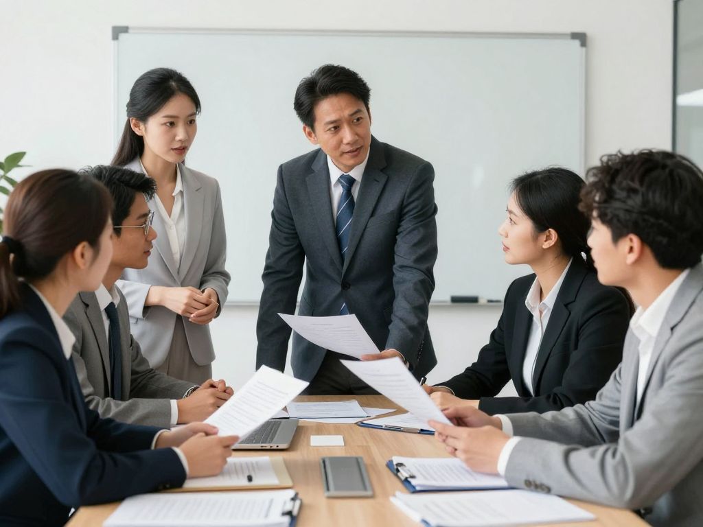 Diverse group of business professionals in a meeting discussing workplace compliance and transparency.
