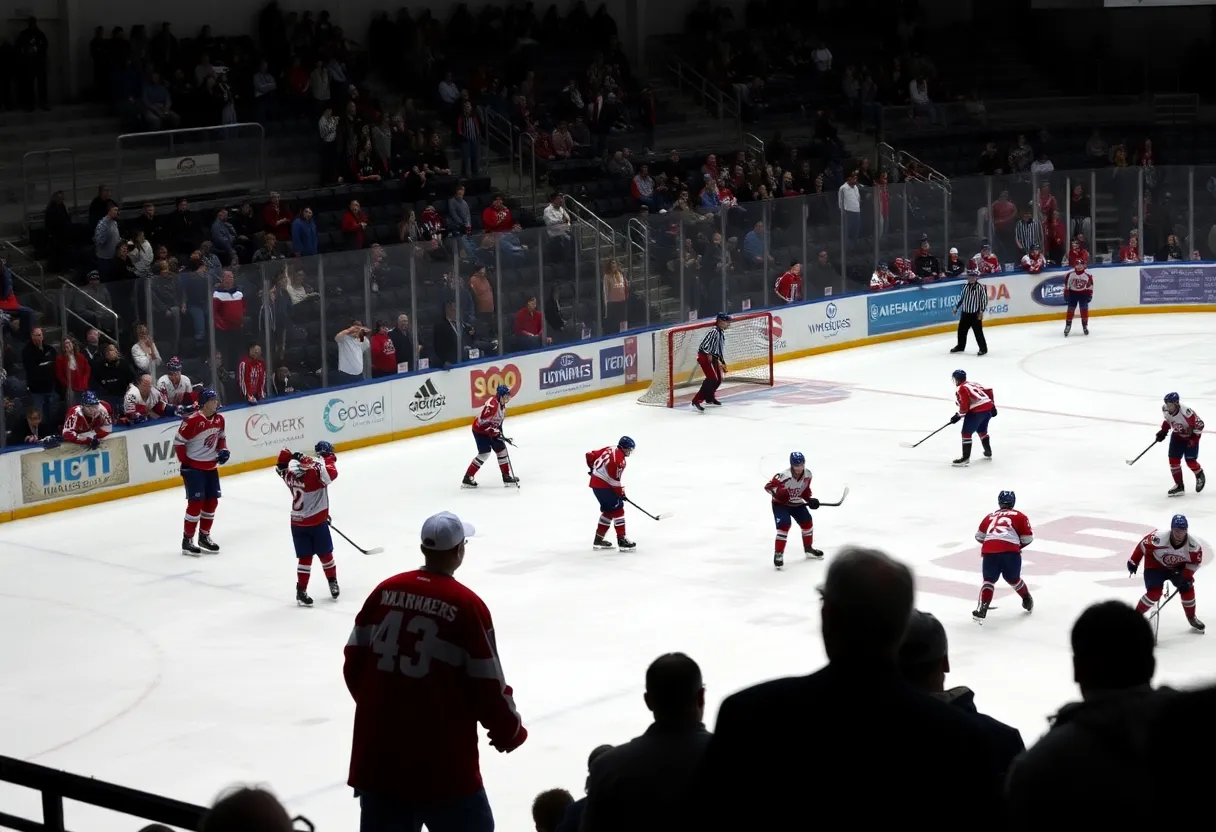 Players in a high school hockey game in Massachusetts