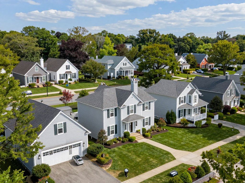 Scenic view of a luxury neighborhood in Massachusetts with beautiful homes