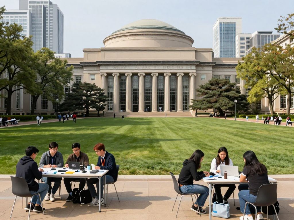 A view of MIT campus with students collaborating on innovative research.