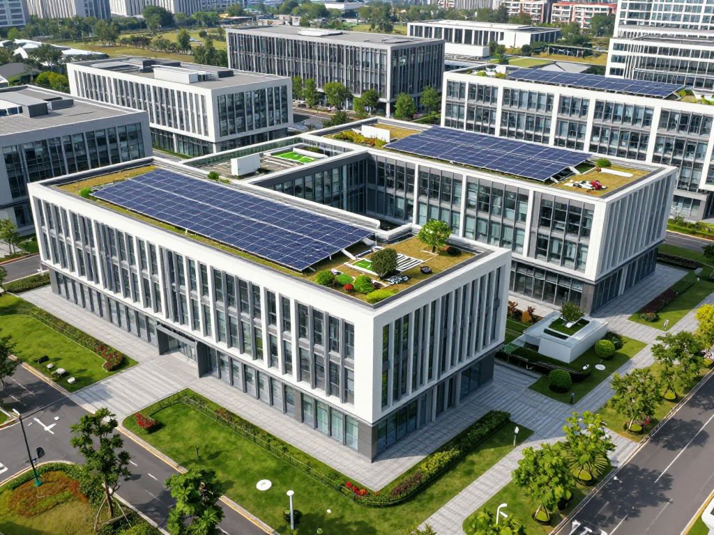 Modern office campus in Needham, Massachusetts, featuring sustainable design.