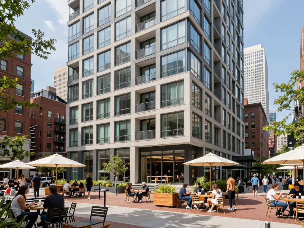 Modern apartments in downtown Boston with city skyline.