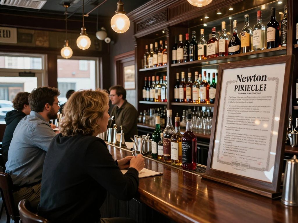 A bustling bar scene in Newton showcasing local businesses affected by liquor license renewals.