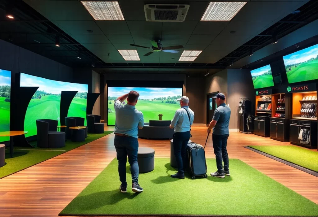 Interior view of NextVision Golf Club with golf simulators and lounge