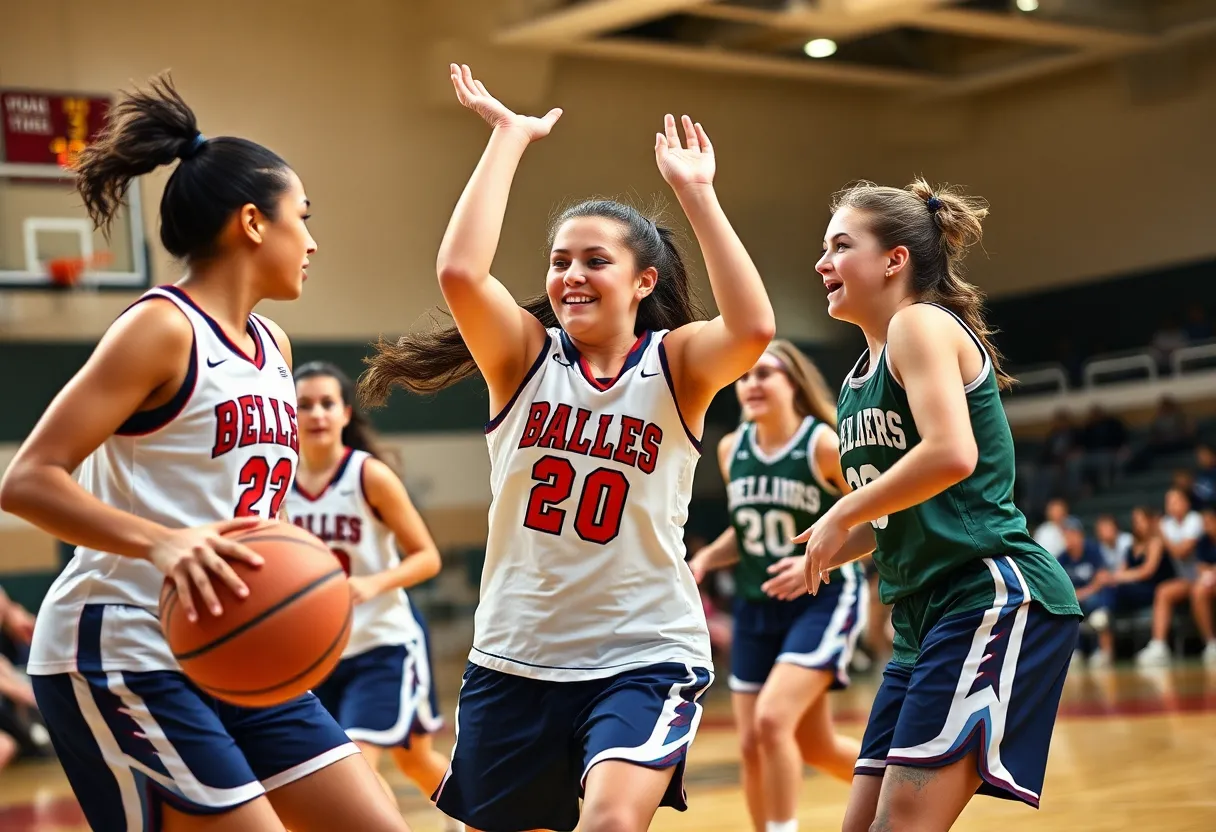 North Quincy High School girls' basketball players in action on the court.