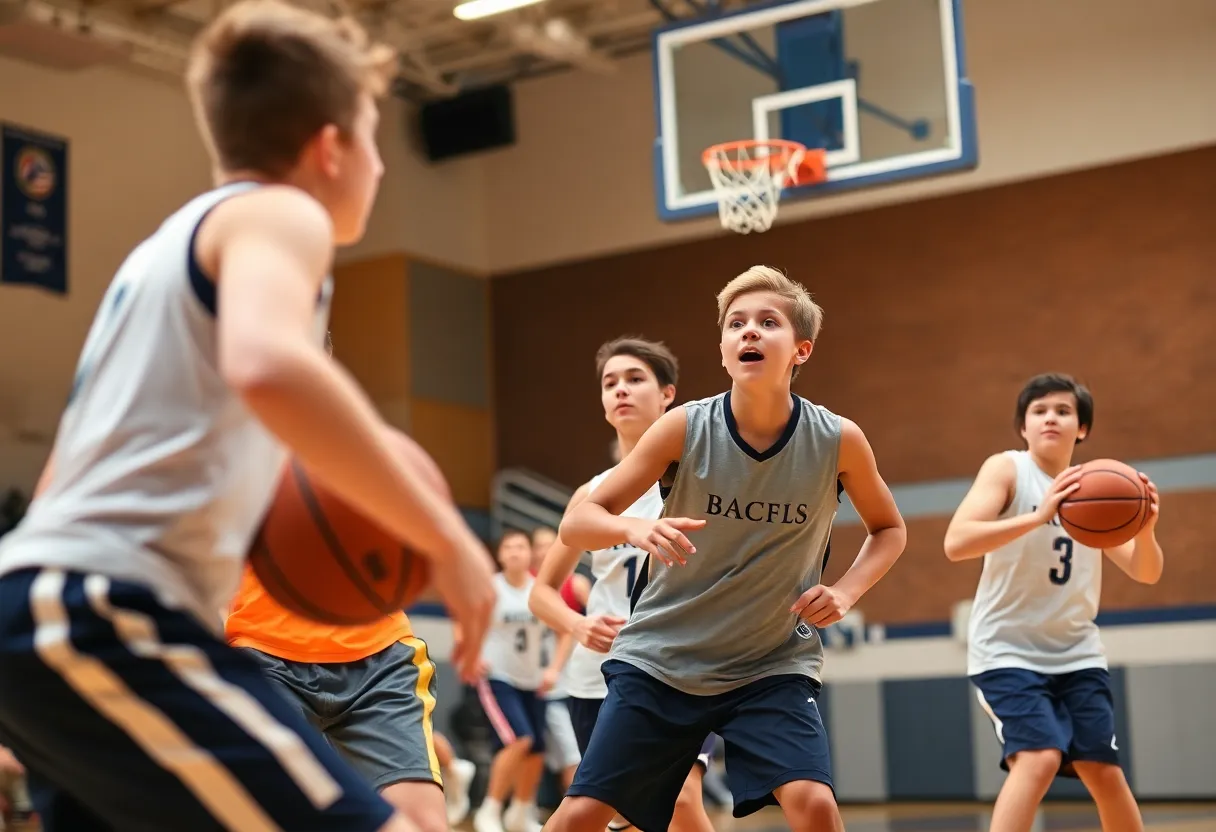 North Reading basketball players in action during a game.