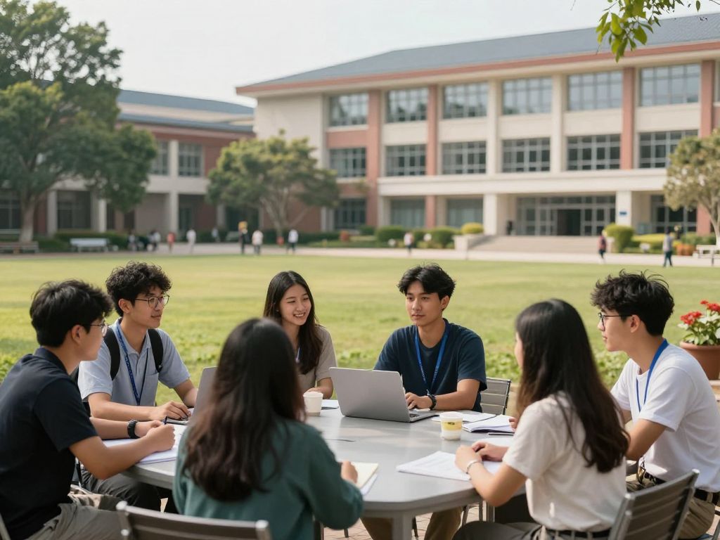 A group of students discussing on the Northeastern University campus.