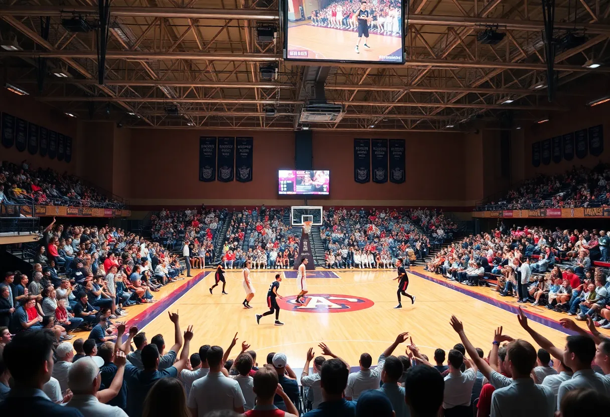 High school basketball players in action with enthusiastic fans in the background.