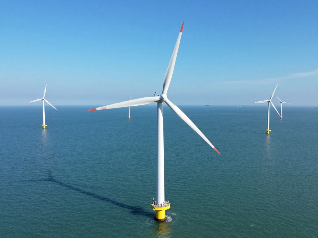 Offshore wind turbines in the ocean under a blue sky