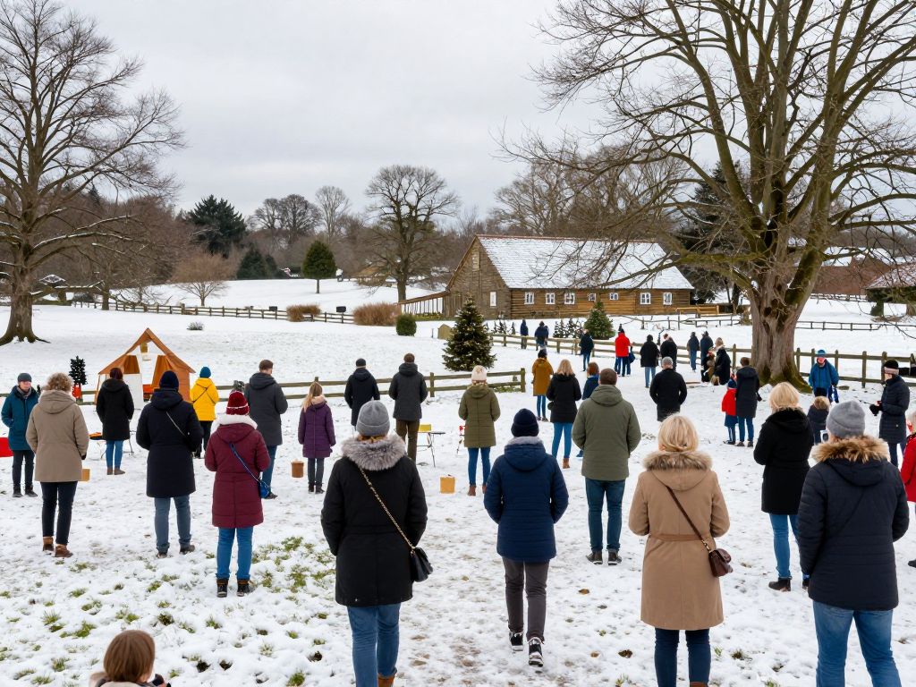 Winter solstice celebration at Powisset Farm with families and festive decorations.