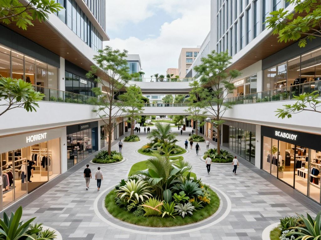 A modern retail center in Boston, blending shops with green spaces and community areas.
