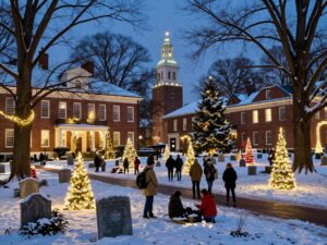 Visitors enjoying the Solstice event with lights at Mount Auburn Cemetery.