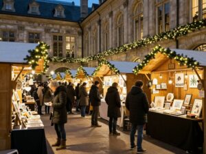 Indoor view of the SoWa Winter Festival with vendors showcasing handmade goods and decorated with Christmas lights.
