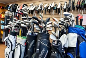A collection of high-end golf equipment including drivers and bags on a golf course.