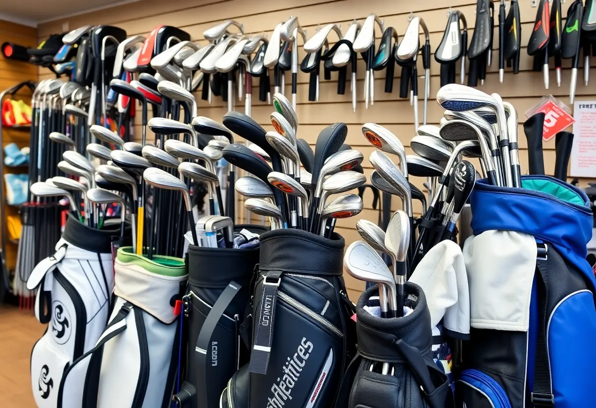 A collection of high-end golf equipment including drivers and bags on a golf course.