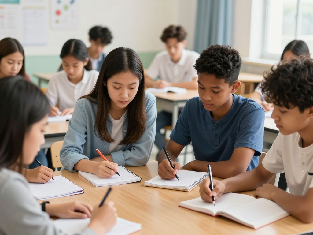 High school students studying together in a classroom, focusing on academic balance and mental health.