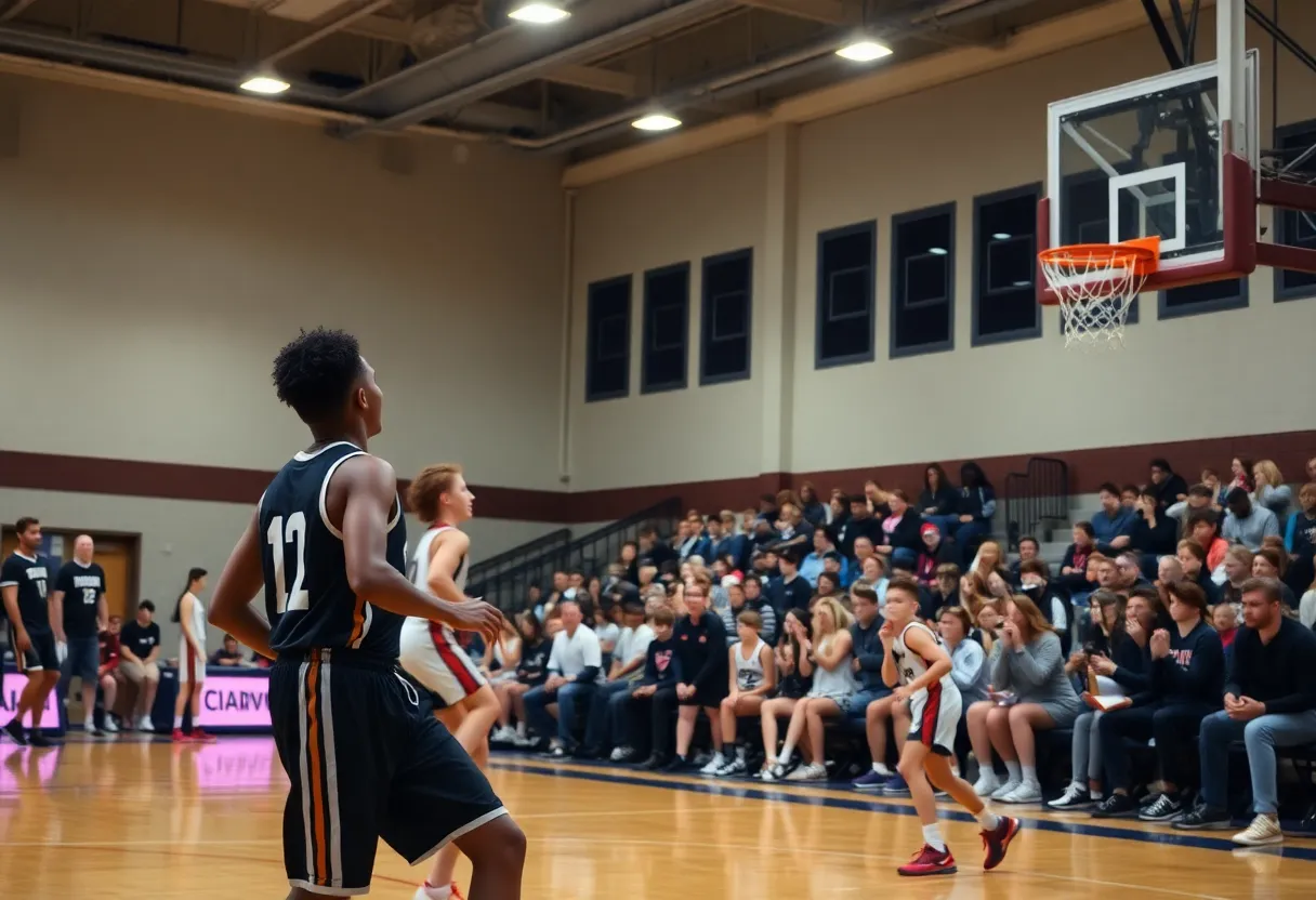 High school basketball players in action during the Swampscott vs Peabody game.