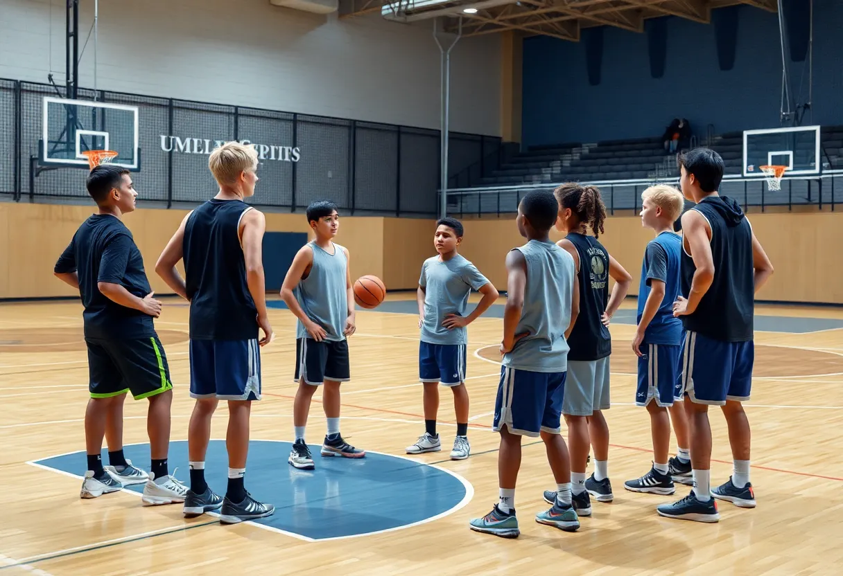 Coach inspiring young basketball players on the court