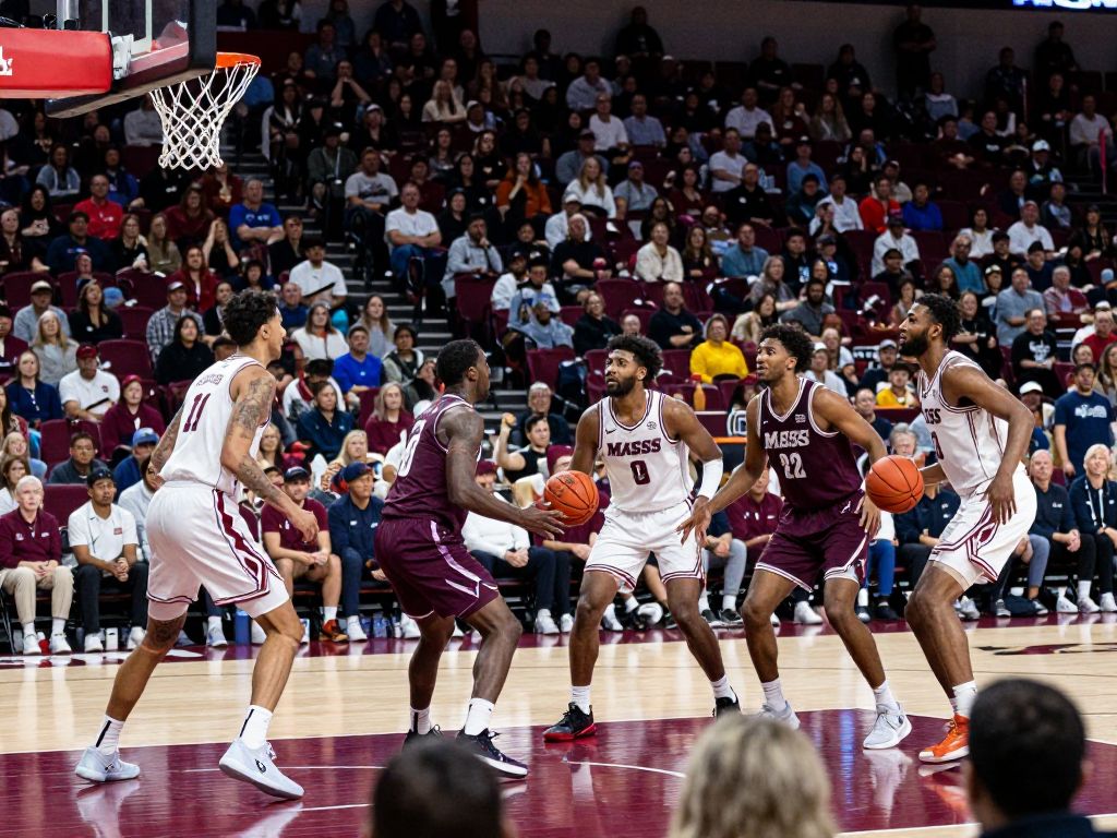 UMass Basketball team in action during the game against UMass Boston.
