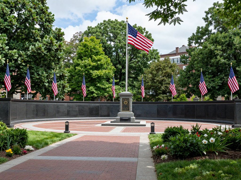 A veterans' memorial in South Boston with American flags, representing a tribute to military service.