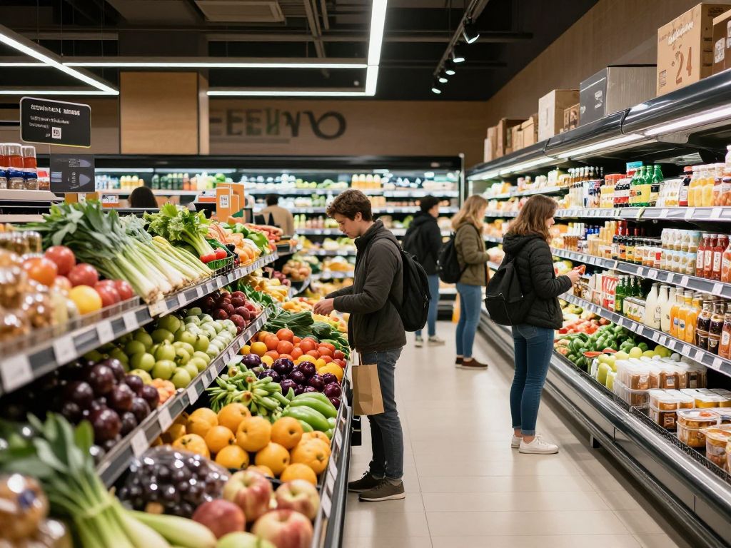 Interior of a bustling grocery store with shoppers and fresh produce
