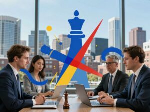 Illustration of the corporate bidding war for Warner Bros Discovery