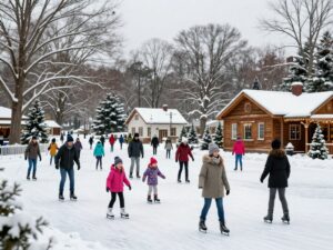 Families engaging in winter activities in Massachusetts, including skiing and museum visits.