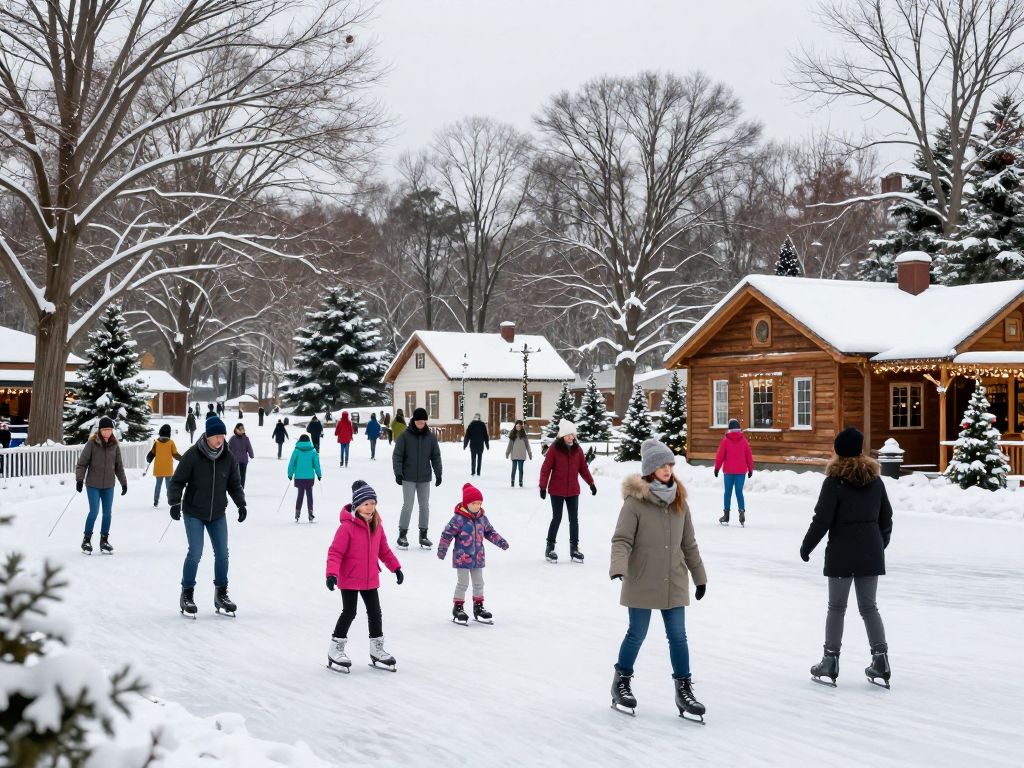 Families engaging in winter activities in Massachusetts, including skiing and museum visits.