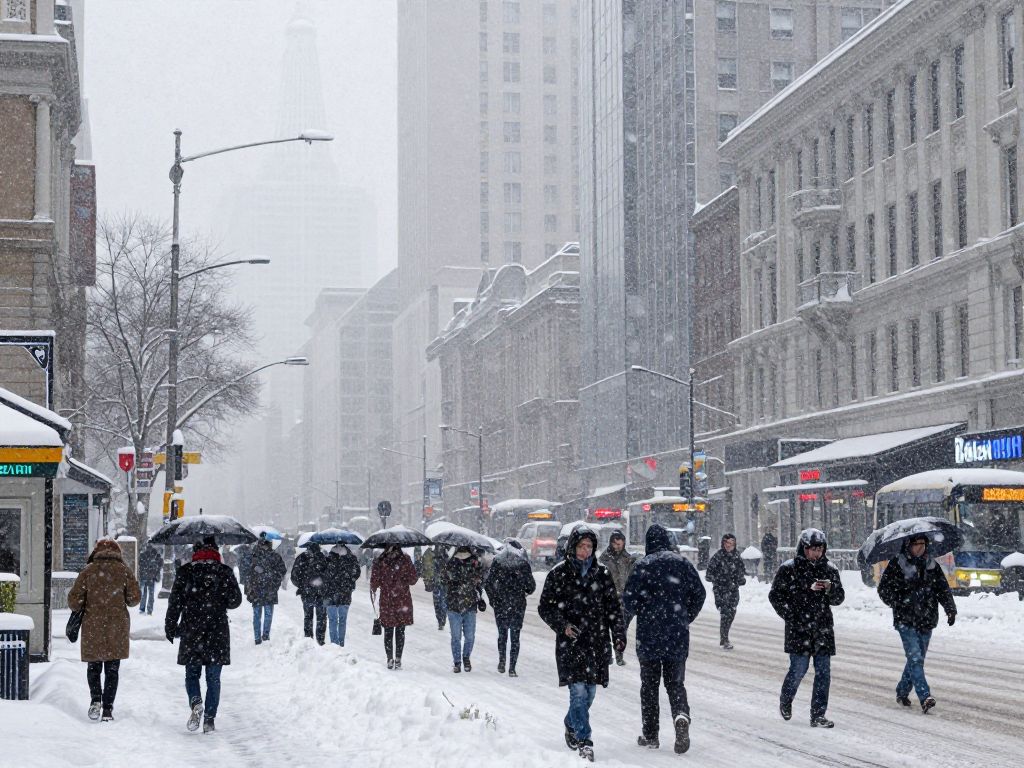 Winter storm conditions in Boston with snowfall and gloomy skies