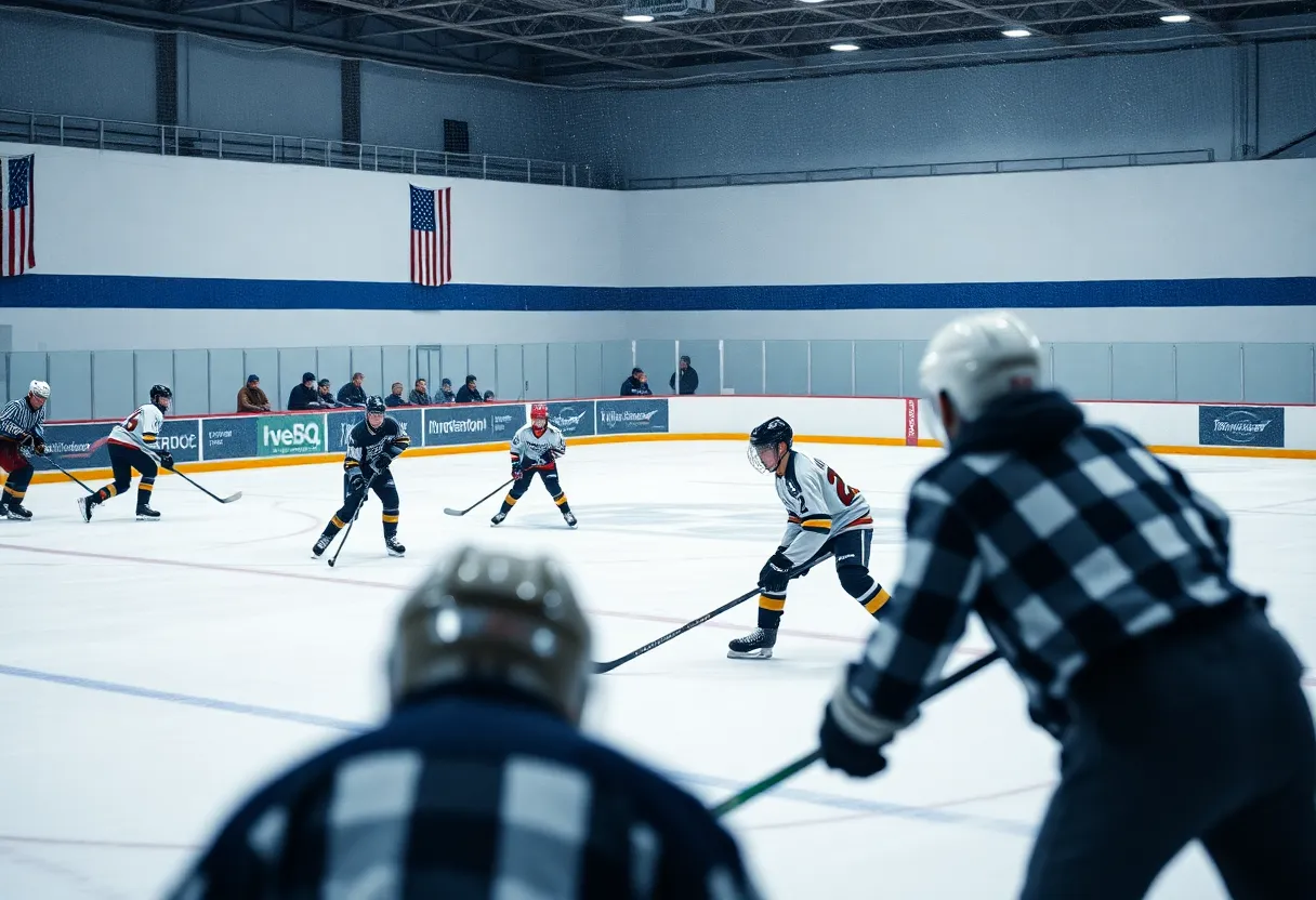 Winthrop Vikings boys hockey team in action during their game against Dover-Sherborn/Weston.