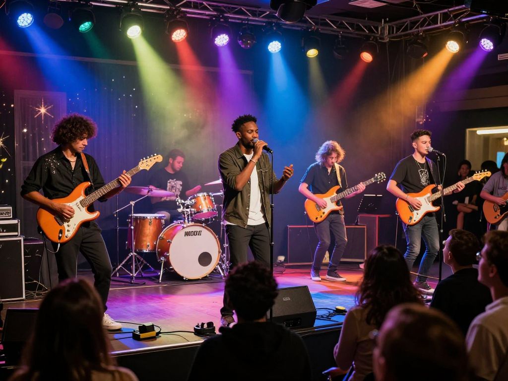 A lively celebration with musicians performing on stage at a New Year's Eve event.