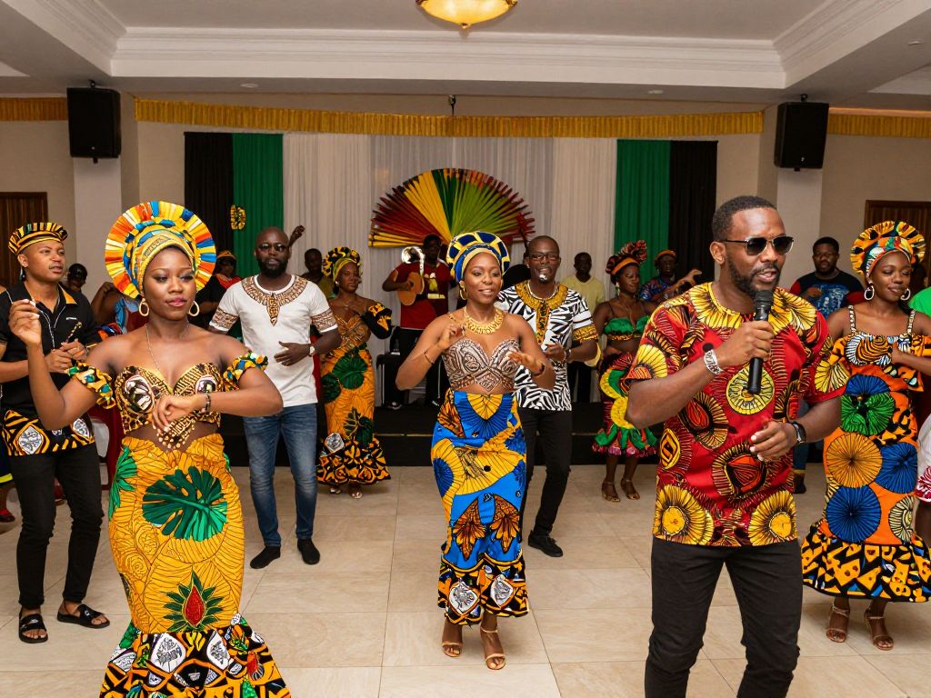 A lively gathering at the Afro-Caribbean Gala in Boston, showcasing attendees in vibrant attire.